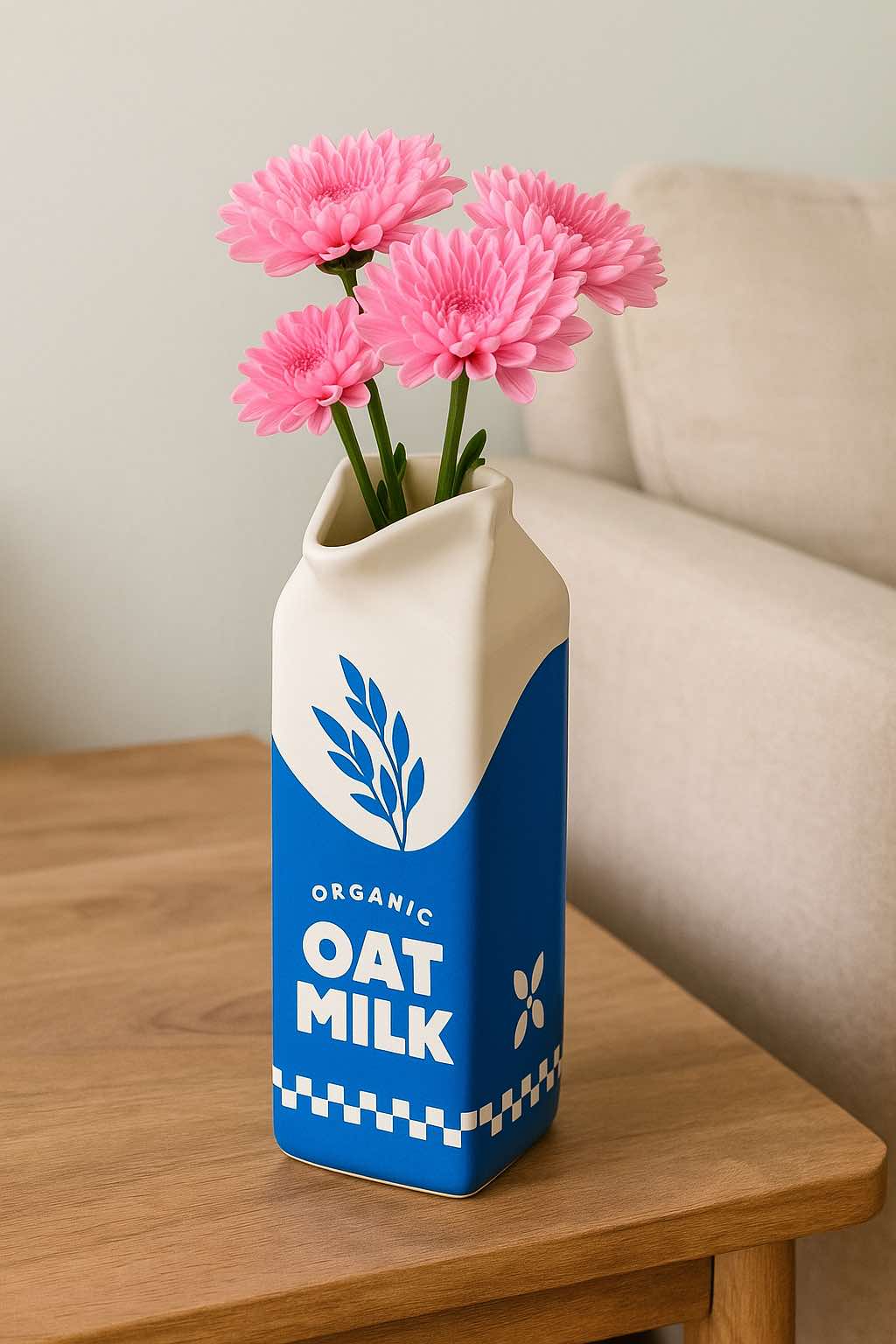 A quirky vase shaped like an organic oat milk carton, holding vibrant pink gerbera daisies, sitting on a wooden side table beside a beige sofa.