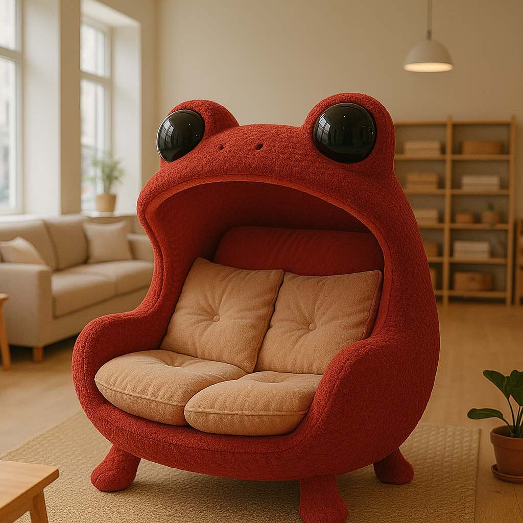 Bold red frog-shaped armchair with cream cushions in a modern living room