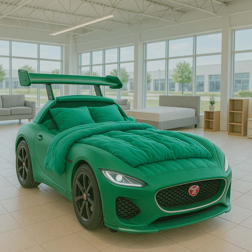 Deep green quilted race car-themed bed with spoiler and cushions inside a bright display room
