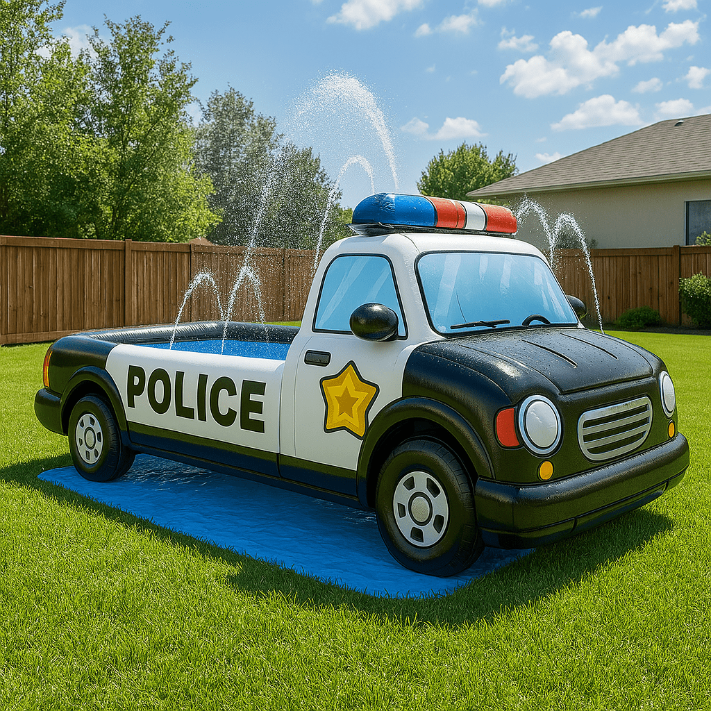 Inflatable sprinkler pool designed as a black and white police car with water spraying in arcs from the roof.