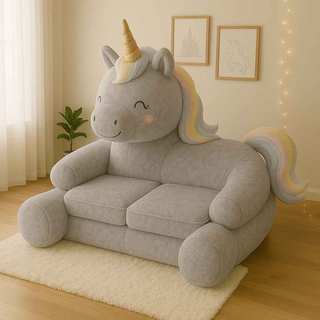  Grey unicorn kids’ sofa with pastel mane and tail in a softly lit playroom
