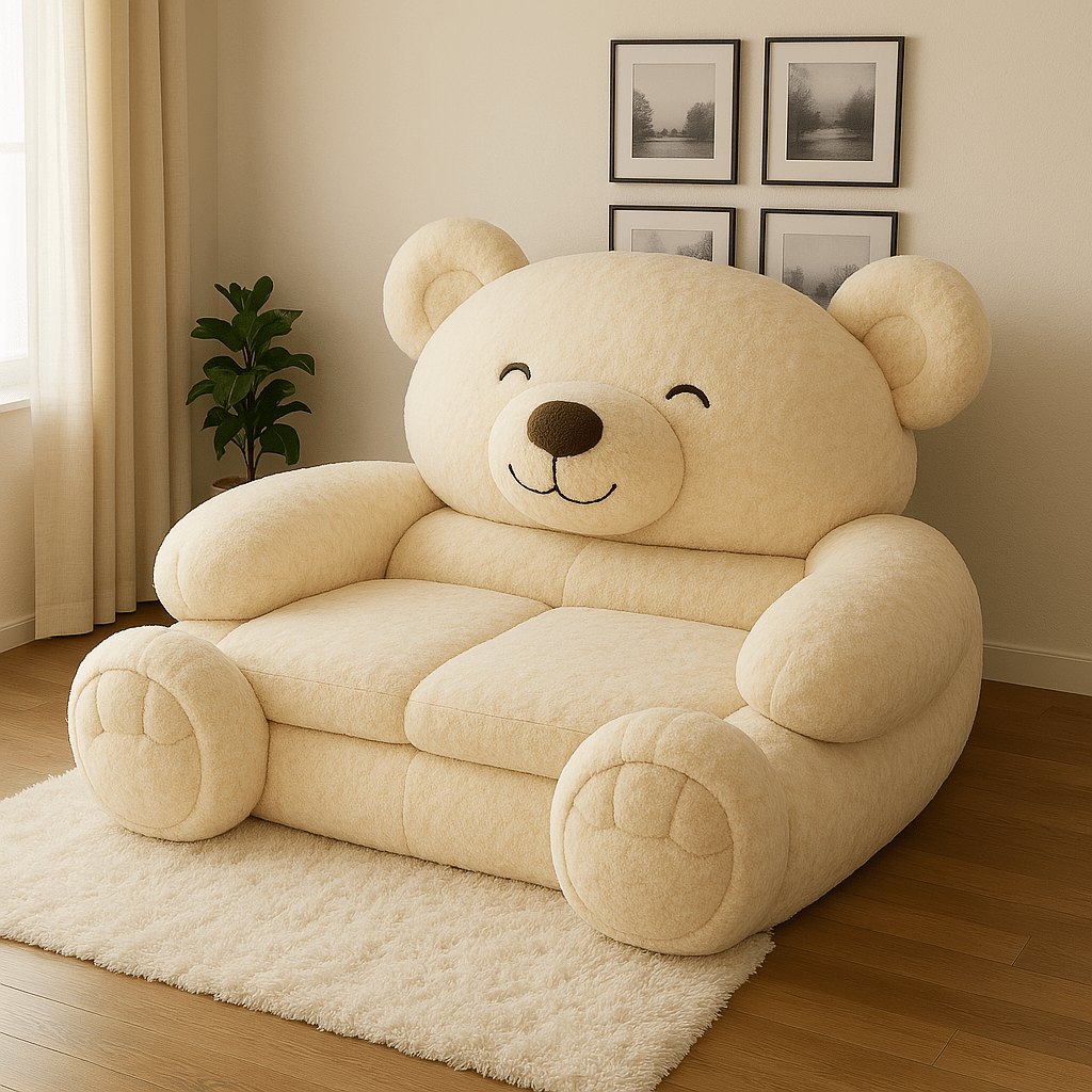 Soft cream teddy bear sofa in a neutral-toned room with light curtains and wooden flooring.