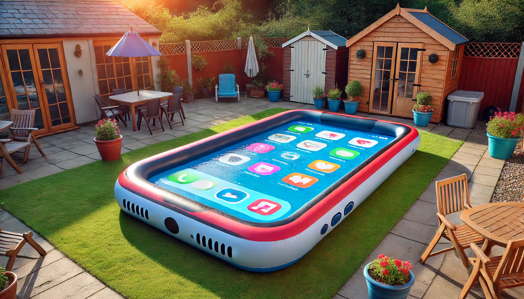 Smartphone-style inflatable pool in red and white placed in a stylish British garden with outdoor dining area