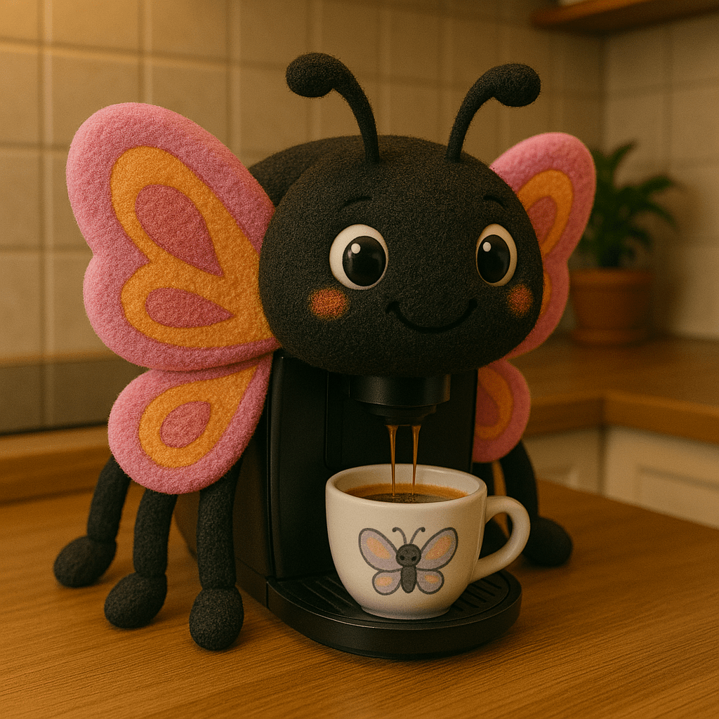  insect-inspired coffee machines: Colourful butterfly-themed coffee machine pouring espresso into a butterfly-printed mug.