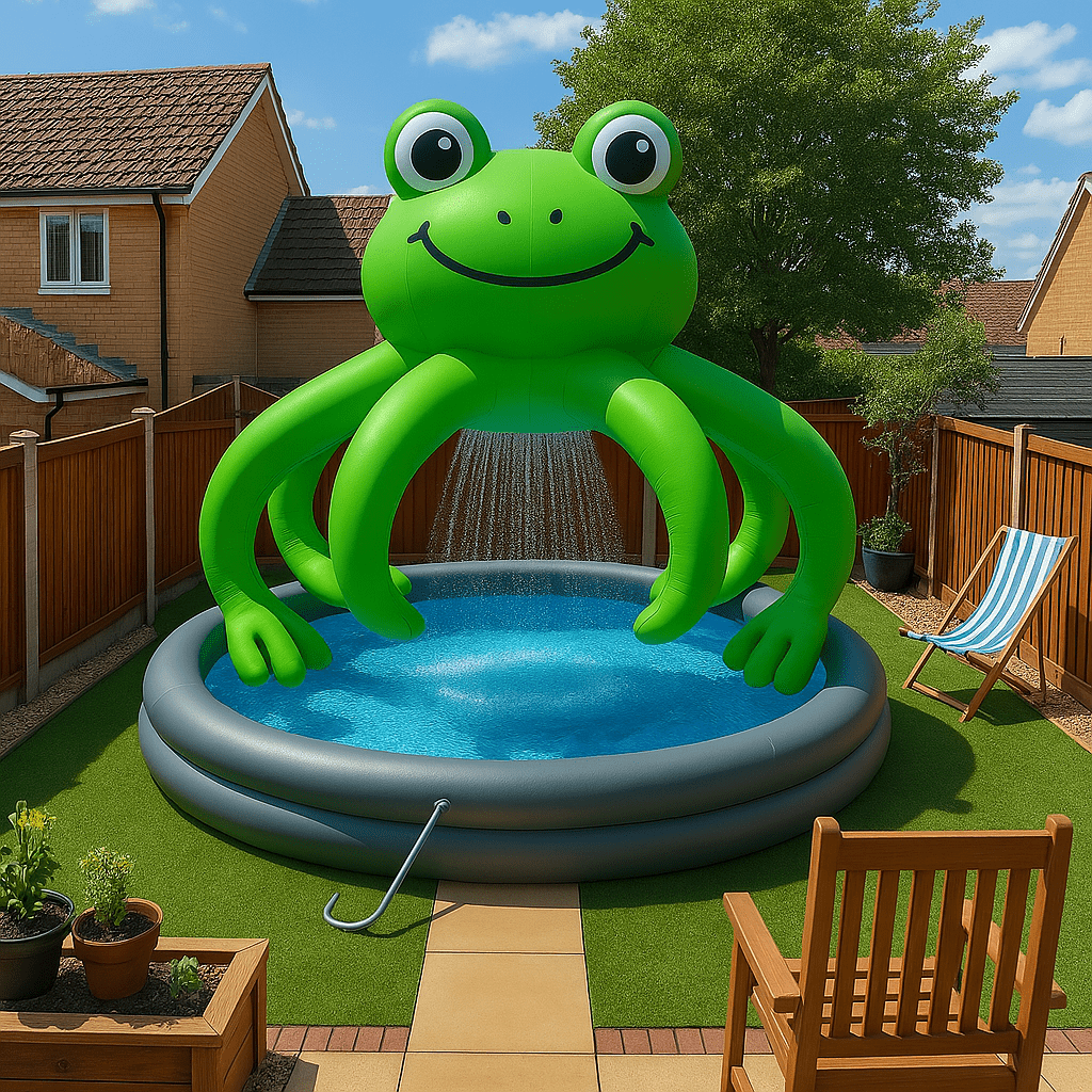 A green inflatable frog pool with a wide smile and sprinkler in a family garden.