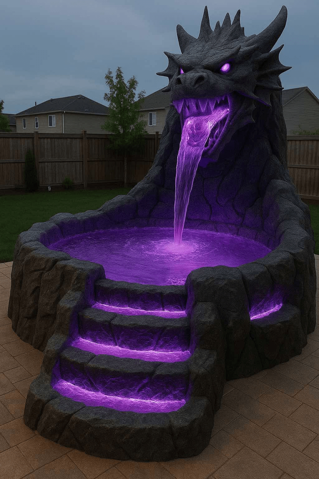 Enchanted dragon pool featuring bright purple LED lighting with a glowing waterfall and illuminated stone steps