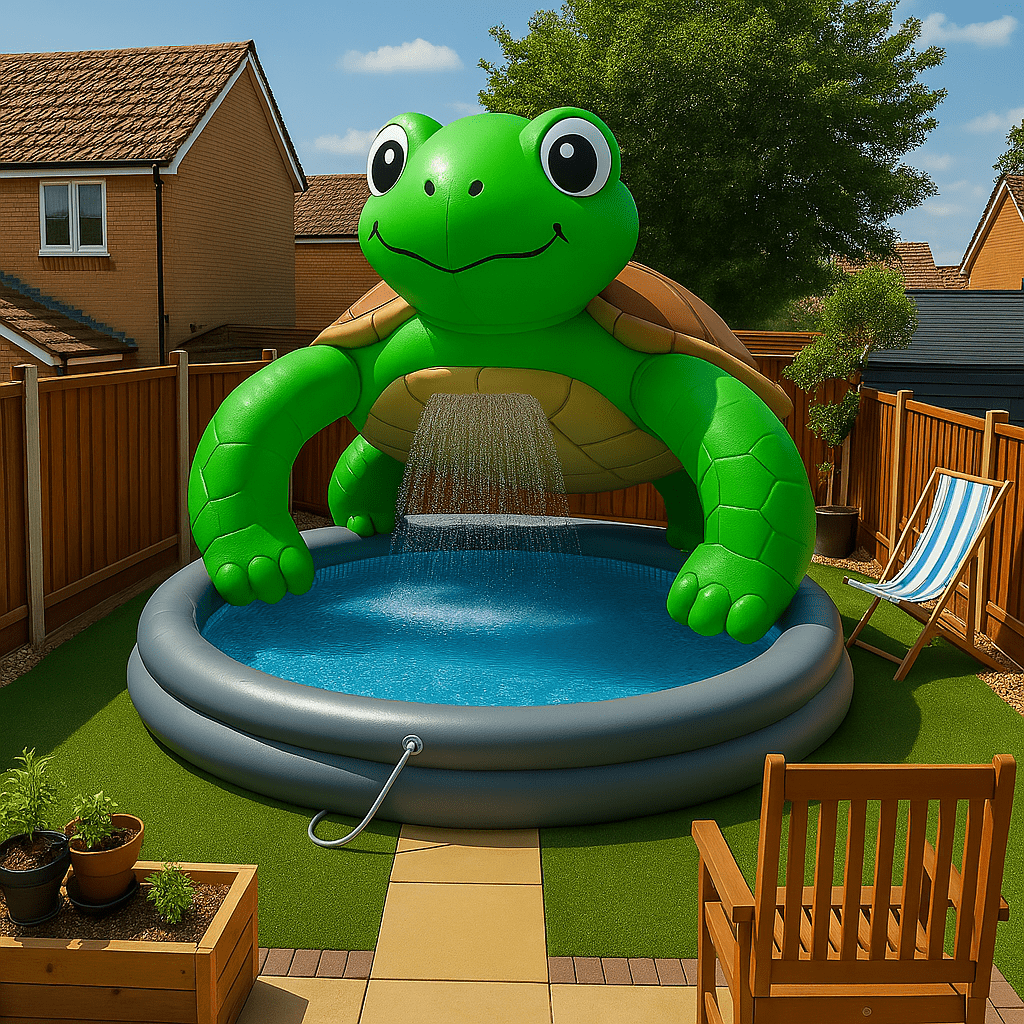 A green turtle-shaped inflatable pool with a soft water spray in a cheerful backyard setting.