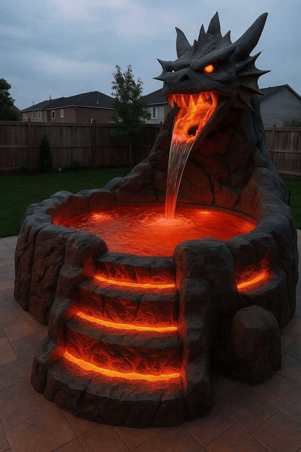 Dramatic dragon-shaped pool glowing with red and orange LED lights, fiery waterfall, and glowing steps