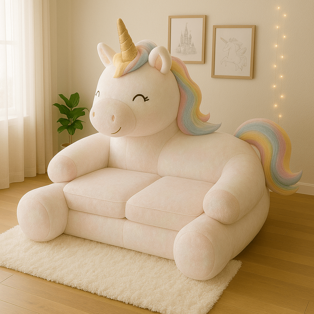 Light pink unicorn sofa with rainbow hair and smiling face on a fluffy white rug