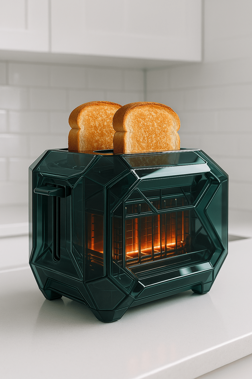 Deep emerald green futuristic toaster glowing with two slices of toast in a sleek kitchen setting.
