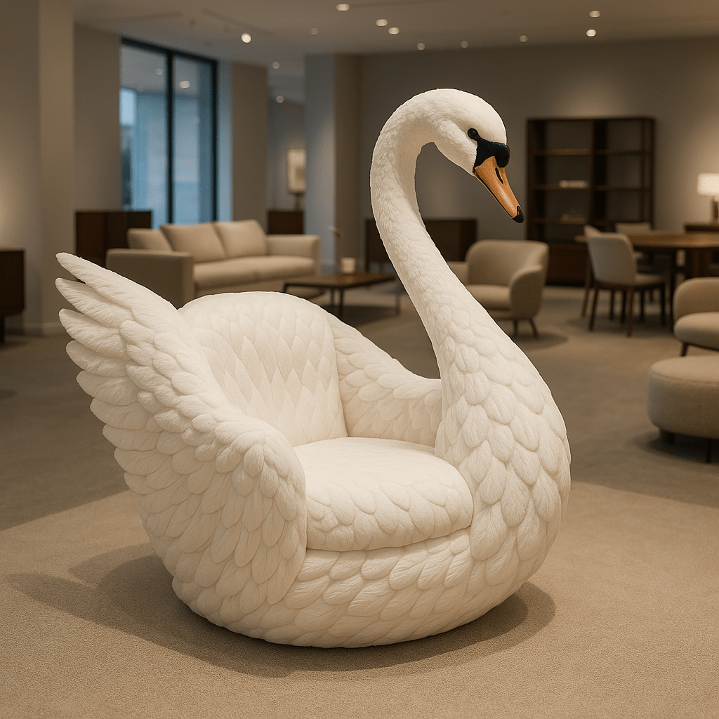 Elegant white swan armchair with plush feathers and curved neck, ideal for serene and romantic spaces.