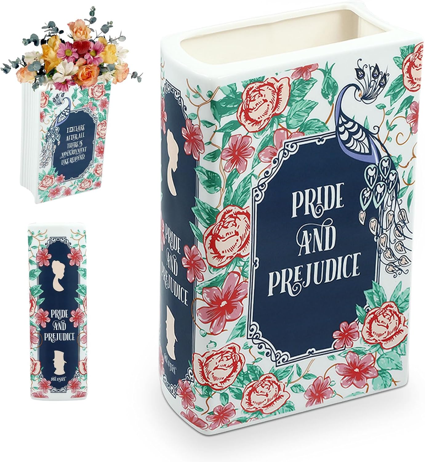 Ceramic vase shaped like the book Pride and Prejudice, featuring floral illustrations and a peacock design.