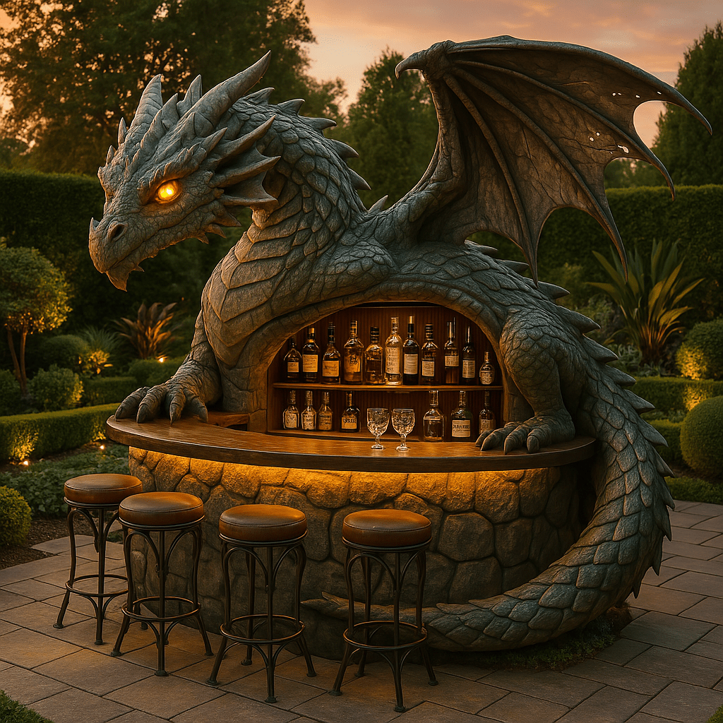 Dark green dragon sculpture with glowing eyes forming a whisky bar in a garden at sunset