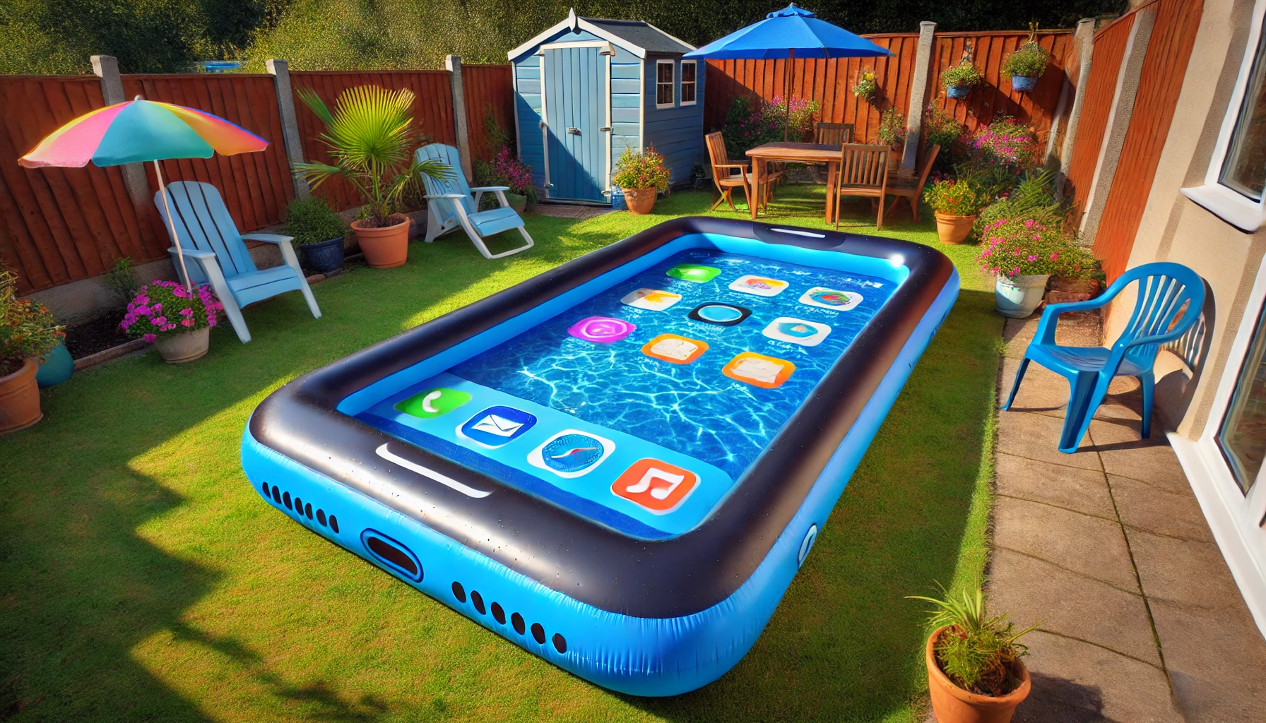 Vibrant blue and black smartphone-style pool in a cosy garden with colourful parasols and sheds