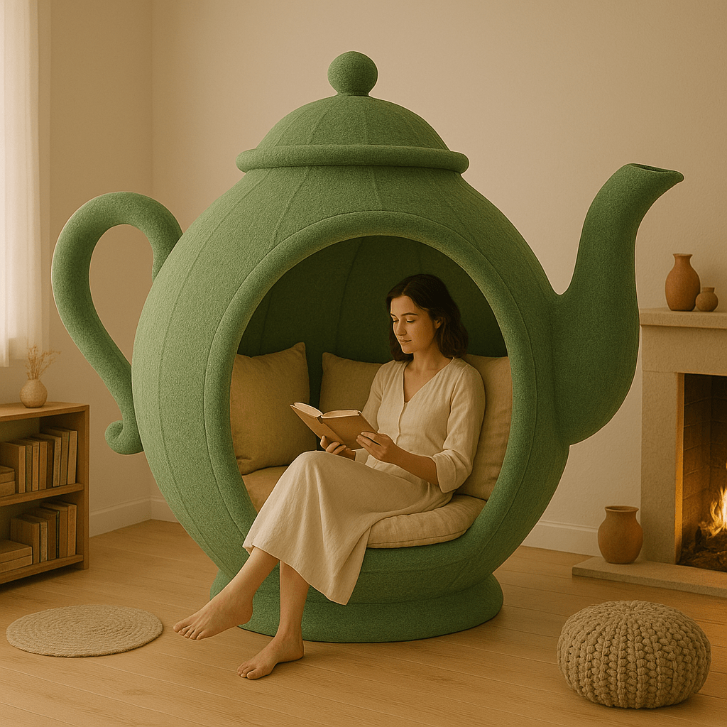 Whimsical green teapot-shaped chair in a relaxing reading corner with wooden floors and earthy accents.