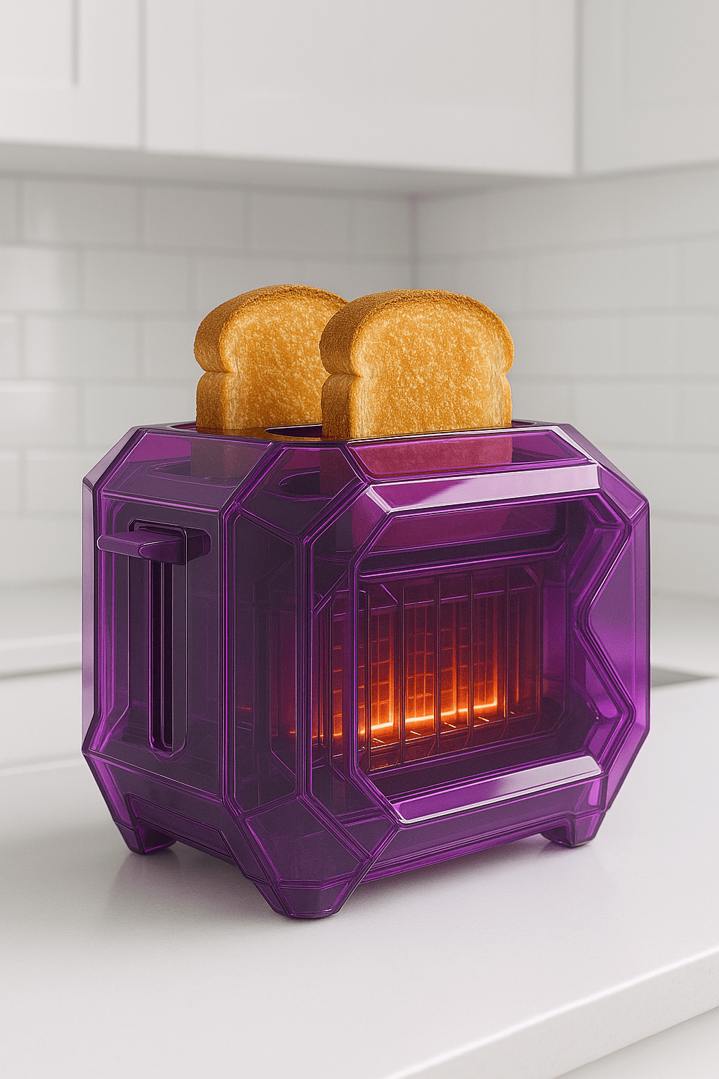 Eye-catching purple translucent toaster with warm toast and glowing heating elements.