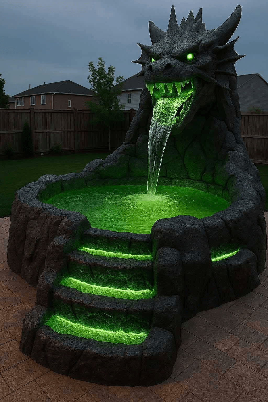 Dragon-themed pool with vibrant green LED lights and glowing water cascading from the dragon’s mouth