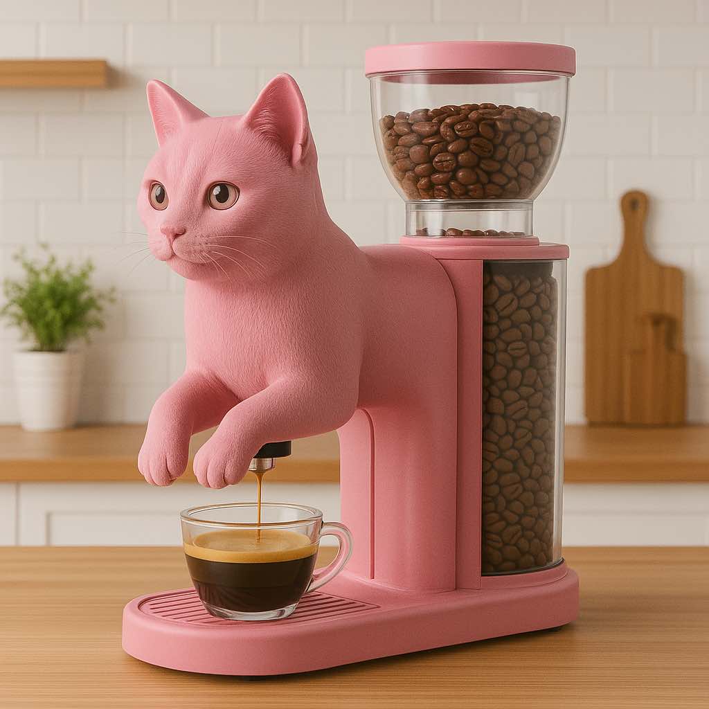 A playful pink coffee machine shaped like a cat, dispensing espresso into a glass cup in a modern kitchen setting.