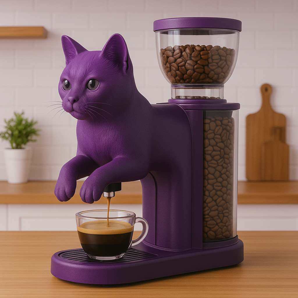 A unique purple cat-shaped coffee machine serving a fresh espresso, with coffee beans stored in a glass container on top.
