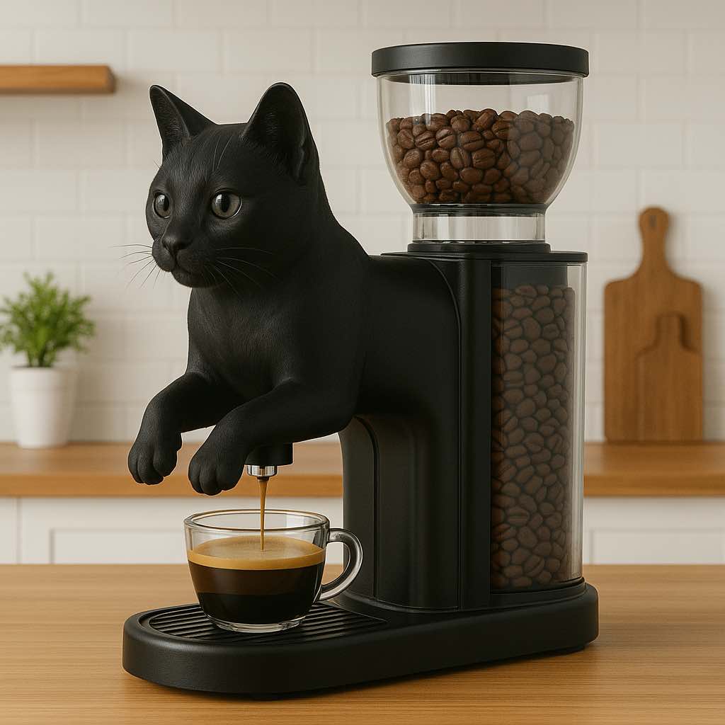 A sleek black coffee machine designed to resemble a cat, pouring a rich espresso in a minimalistic kitchen environment.