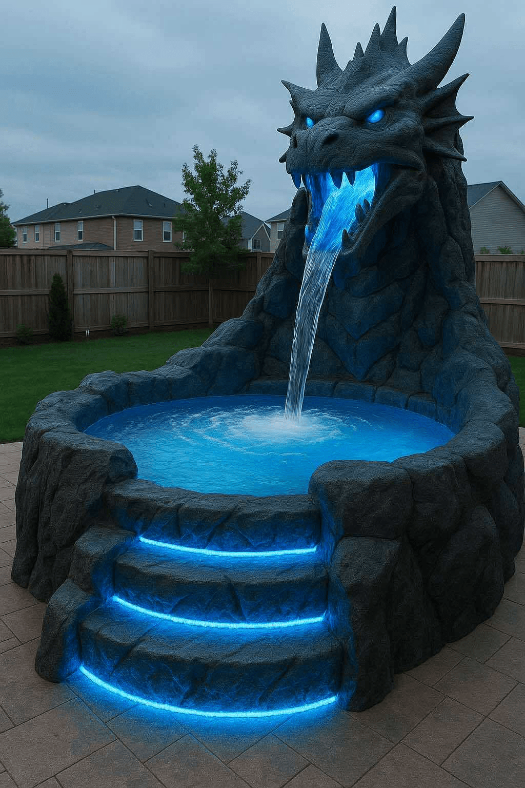 Fantasy dragon-shaped backyard pool with glowing blue LED waterfall and illuminated steps