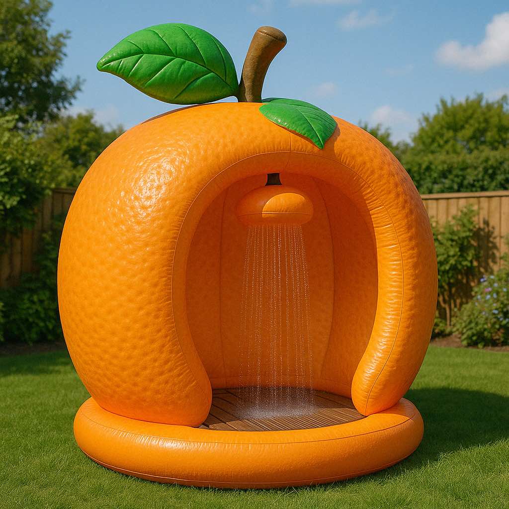 Large orange-shaped outdoor shower with water flowing in a sunny garden setting