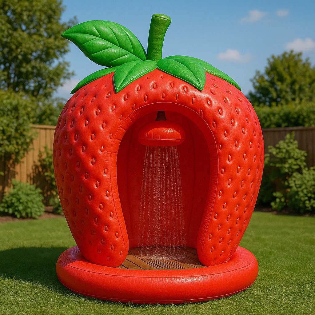 Bright red strawberry outdoor shower with green leaves and shower spray in the garden