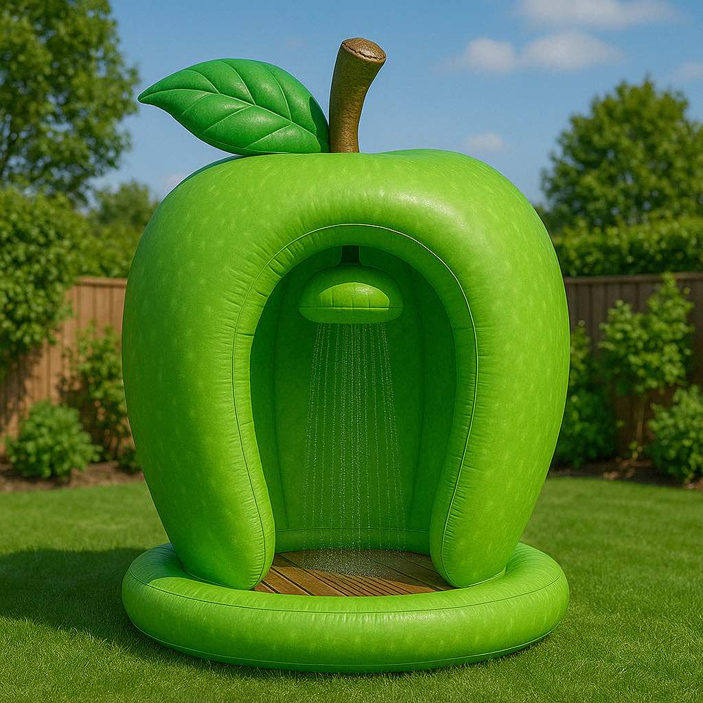 Green apple-shaped outdoor shower with water flowing in garden with blue sky