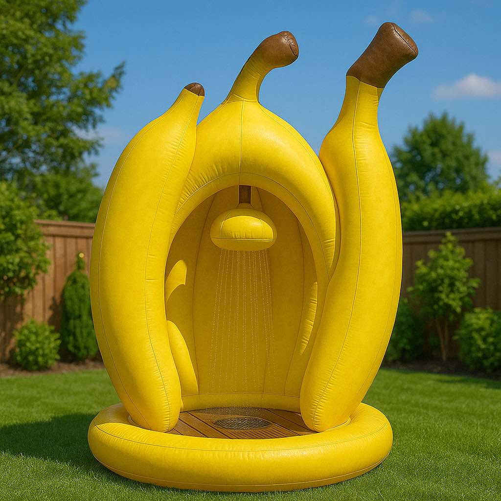 Fun banana-themed shower for the garden with curved design and shower head flowing