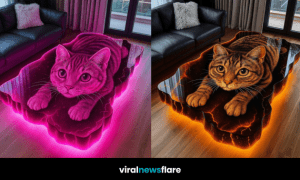 Collection of cat-shaped coffee tables with glowing LED lights in green, amber, and pink colour options.