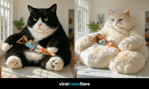 Collection of giant cat-shaped lounge chairs in grey, cream, black-and-white, and ginger, each with a relaxed woman seated.