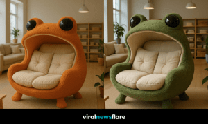 Set of colourful frog-shaped armchairs including red, purple, orange, and green in a stylish living room