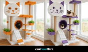 A collection of colourful cat-faced indoor towers featuring cats and built-in planter boxes in a bright home interior.