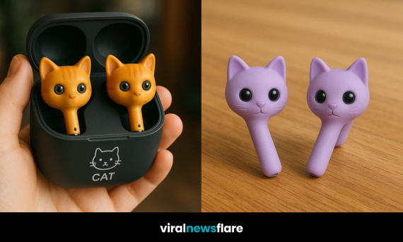 Pink, orange, and lavender cat-shaped wireless earphones displayed on ear and in case.