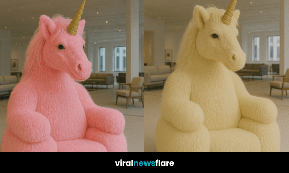 Collection of colourful unicorn-themed chairs in a contemporary showroom showcasing playful interior design