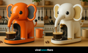 A colourful set of elephant-shaped coffee machines displayed in a modern kitchen setting.