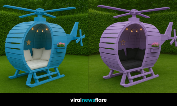 Colourful helicopter-shaped wooden garden pods with comfy cushions and decorative lights on a lawn