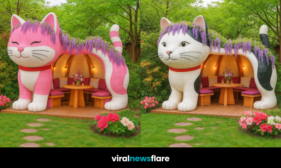 Collection of colourful cat-shaped garden pods with seating, set in a green garden