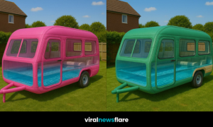 A colourful pool caravan combining retro charm and modern luxury with built-in water lounging area