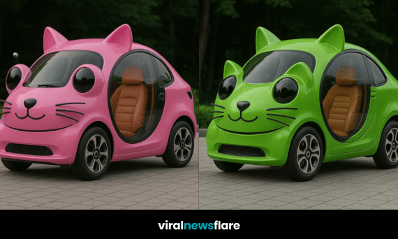 A group of vibrant compact cars in cat shapes and bright colours including green, white, brown, and pink