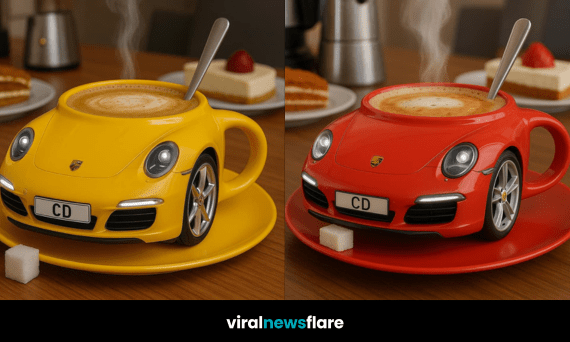 A collection of colourful Porsche-style coffee mugs in black, yellow, red, and pink, all filled with cappuccino.
