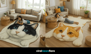 Happy young woman lying on a giant tabby cat-shaped rug in a sunlit living room