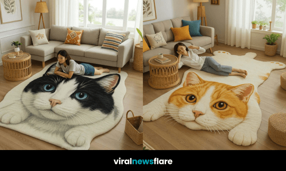 Happy young woman lying on a giant tabby cat-shaped rug in a sunlit living room