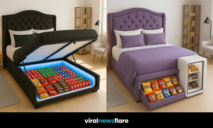 Black bed with lifted mattress revealing LED-lit snack and drink storage underneath