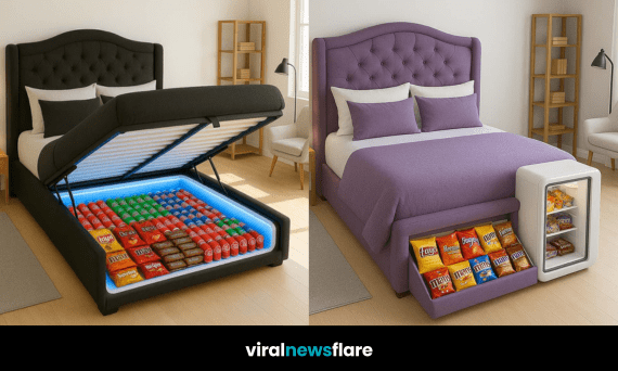 Black bed with lifted mattress revealing LED-lit snack and drink storage underneath