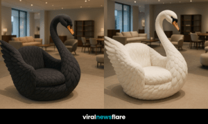 Luxurious black swan-shaped armchair in a modern living room, showcasing sculptural design and plush texture.