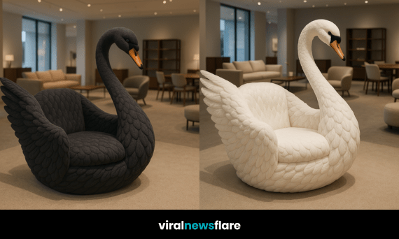 Luxurious black swan-shaped armchair in a modern living room, showcasing sculptural design and plush texture.