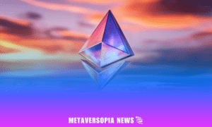 Web3 Weekly: 3D Ethereum logo floating against a vibrant sunset sky with Metaversopia News branding Would you like a version optimised for SEO or accessibility standards as well?
