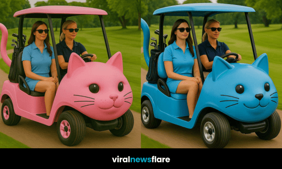A side-by-side image of two women in pink and blue cat-themed golf carts on a course, featured by Viral News Flare.