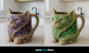 Side-by-side image of amethyst and emerald-inspired cat-shaped mugs, featuring geode textures and cute feline faces, from Viral News Flare.